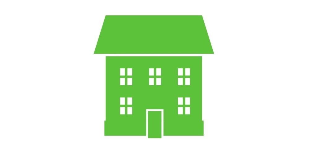 A simple drawing of a green home with five windows, a door, and a simple detached roof above the home.