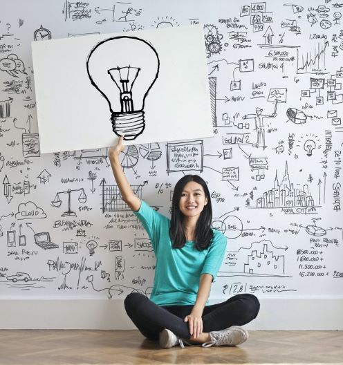 A woman wearing a turquoise shirt, black leggings, and casual white shoes holds up a large picture of a hand-drawn lightbulb while sitting in front of a white board containing various hand-drawn designs used to develop a visual business plan.